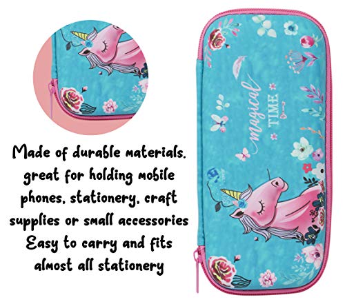Image of Zest 4 Toyz Expandable Blue uNICORNPencil Case | Pencil Pouch for Girls & Students | Large Capacity Compass Box Pencil Case for School | Big Stationery Organizer Pen Bag with Mesh Pocket