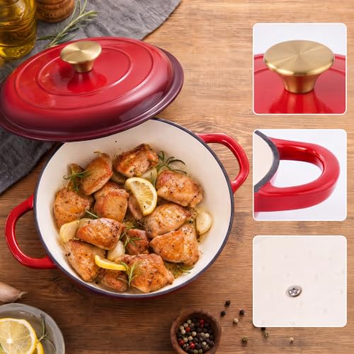 Image of Dutch Oven Enameled Cast Iron with Lid - Big Dual Handles - Oven Safe up to 500F - Classic Round Pot for Versatile Cooking 3 QT Shallow Pot Red