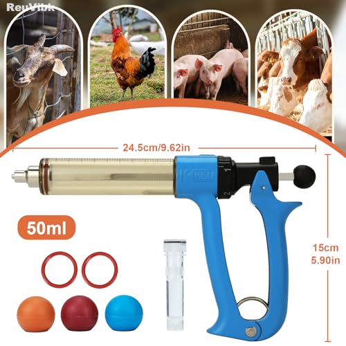 Image of 50ml Semi-Auto Repeating Livestock Syringe Gun, 5 Dose Settings | Ergonomic Grip, Clear Barrel & Luer Lock, Vet Injector for Cattle, Horses, Goats, Sheep & Pigs