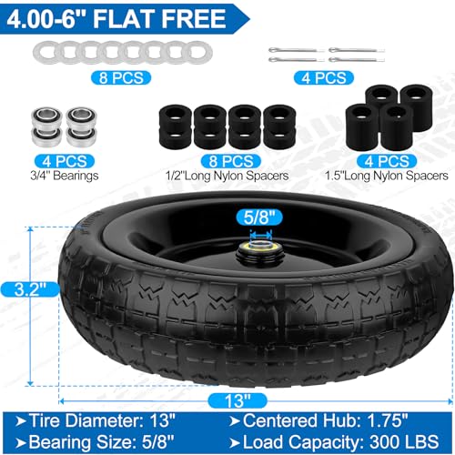 Image of 13 Inch Flat Free Wheels Tires 4.00-6 Solid Replacement with Universal 5 /8 inch Axle Bore Hole, 8 Spacers and 4 Pins, for Wheelbarrow, Garden Wagon, Hand Truck, Trolley, Lawn Mower, 2 Pack
