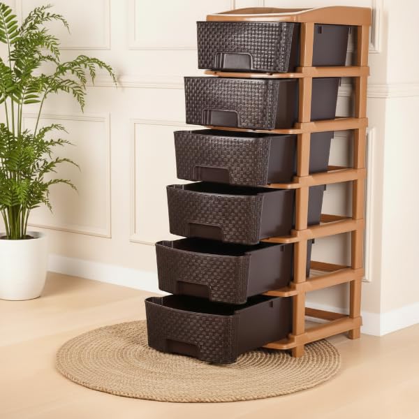 Image of KITCHIVO Plastic Modular Drawer Storage Chest Of Drawers Organizer Storage Box, Large Stomo Racks For Multipurpose Anti-slip Shoes Organizers (Brown, 6 Layer)