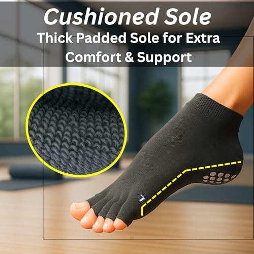 Soxsense Toeless Grip Socks for Pilates & Yoga, Open Toe Non Slip Socks with Cushion for Barre, Dance, Workout 2Pairs2
