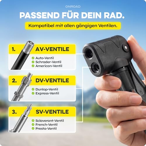 Fahrradpumpe alle Ventile (Presta/SV, AV, DV) – Luftpumpe Fahrrad ON‑AIR COMPACT mit großem Manometer, Adaptern & Ballnadel - Kompakte Pumpe für Unterwegs, Standpumpe für E‑Bike & Motorrad