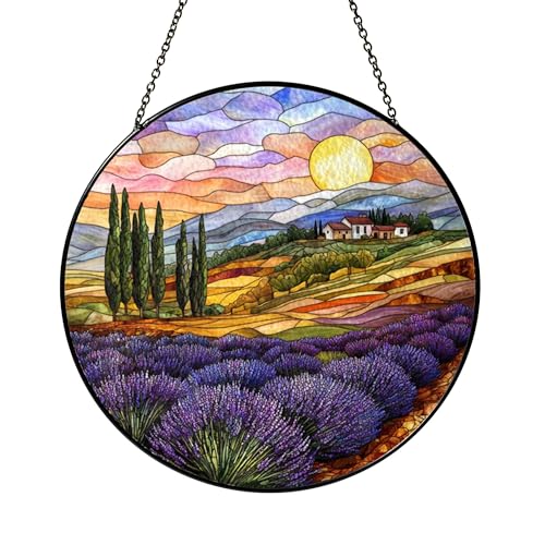 Lavender Fields Stained Glass Style Window Hanging, Cottage Garden Inspired Decor for Nature Lovers