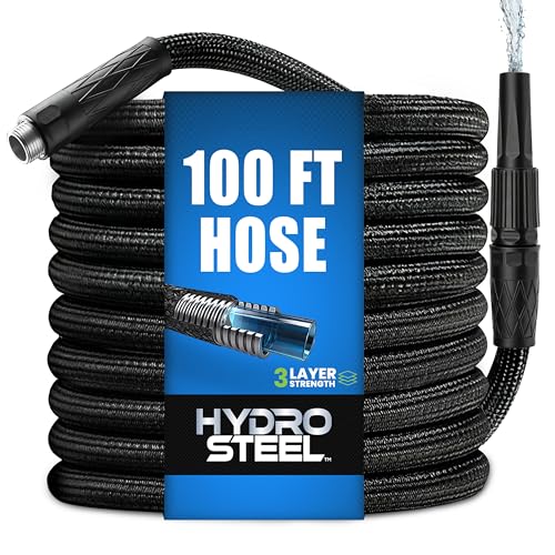 Image of HYDROSTEEL 100 Ft Garden Hose with Nozzle, 3x-Layer Premium 304 Stainless Steel Metal Water Hose 100Ft x 3 /4 inch Rust Proof, Heavy Duty Flexible Hoses, Crush Resistant Fittings, Kink Resistant, 500 PSI