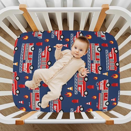 Image of Fire Trucks Red Cars Crib Sheets Soft Breathable Fitted Baby Playard Sheets Mattress Cover for Girl Boys, 39 inch x 27 inch x 5 inch