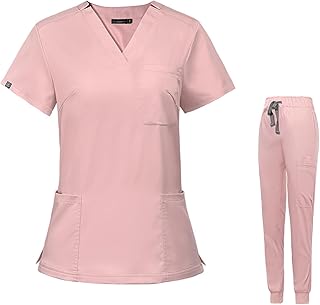 Uniformes Médicos Cuello en V, Manga Corta, 3 Bolsillos, Cintura Elástica, Pantalón Yoga Jogger DK09