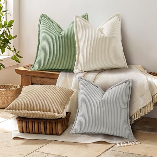 decorUhome Corduroy Sage Green Throw Pillow Covers 16x16 Set of 2 Decorative Soft Boho Striped Neutral Euro Farmhouse Couch Pillow Cases with Broadside for Living Room Bed Sofa