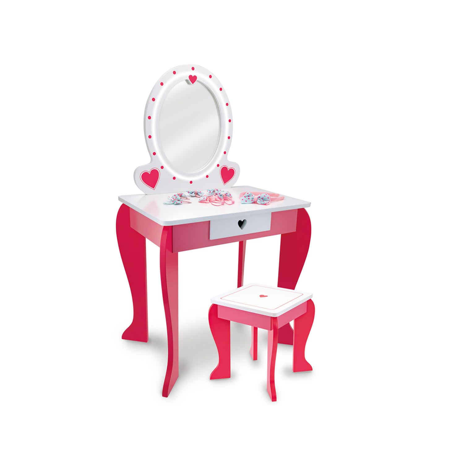 Teorema – FATTO DI LEGNO Specchiera dei Sogni in Legno Eco Alta 90 cm con Luci LED, Sgabello Incluso, Make Up Artist, Postazione Trucco Bambina Rosa e Bianco, Idea Regalo 3+ Anni