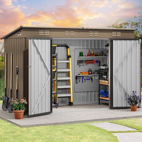 Image of DWVO 9 x 4' Outdoor Storage Shed, Large Metal Tool Sheds, Heavy Duty Storage House with Lockable Doors & Air Vent for Backyard Patio Lawn to Store Bikes, Tools, Lawnmowers, Brown