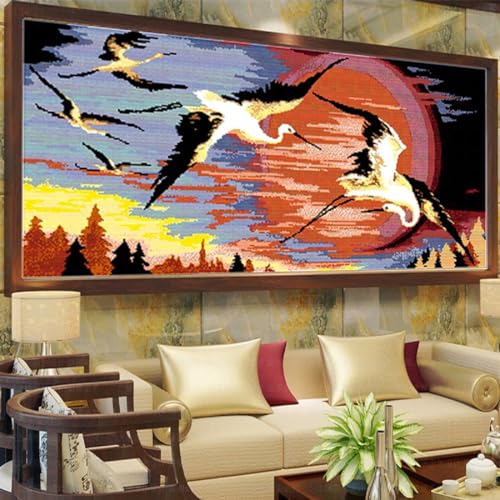 Image of Aiorkeng Cross Stitch Kits Stamped Full Range of Embroidery Starter Kits for Adults Beginners DIY 14CT 2 Strands -Printed kit Red-Crowned Cranes in The Rising Sun(Printed) 31.1x15.7inches