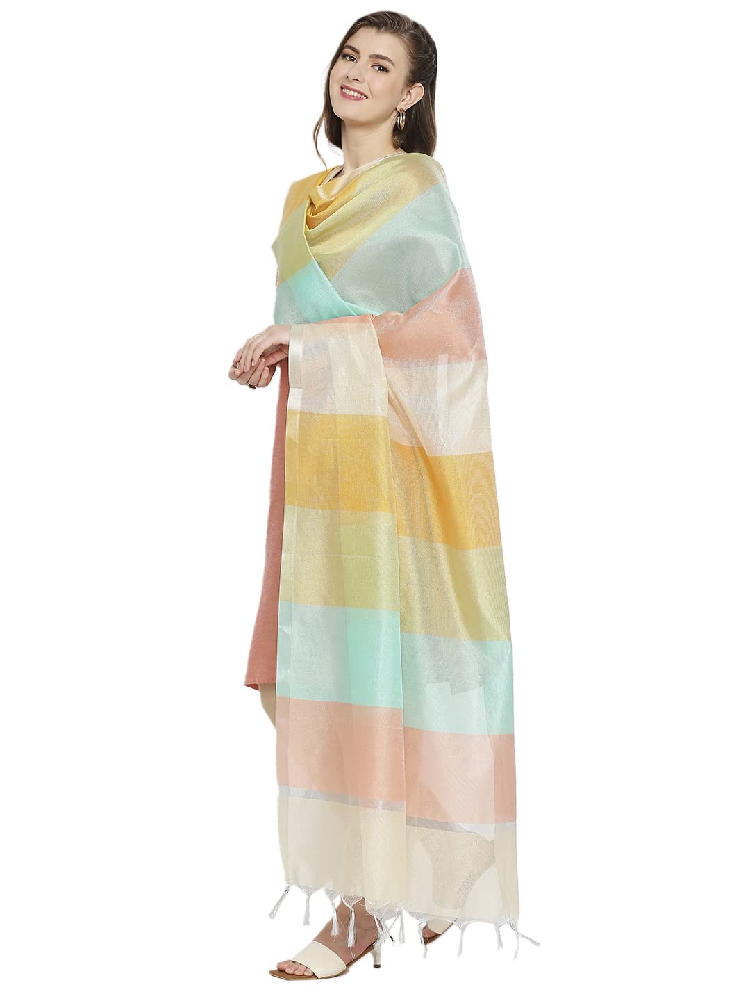 dupatta bazaar Women's Striped Silk Blend Dupatta (DB3297_Multicoloured_Free)-picture-19