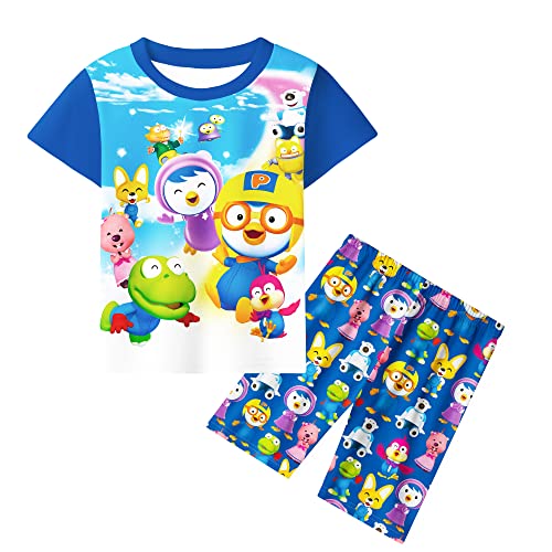 YAMY Little Boys Pororo Short Sets kids Two Pieces Playwear Boys Cartoon Pororo Casual sets Homewear Blue2 8-9y