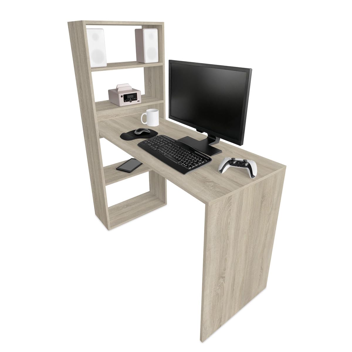 mattfy - Mesa de Escritorio Multifuncional con Estantería Integrada, Acabado en Cambria, Ideal para Espacios de Trabajo y Estudio, Medidas: 122 cm (Ancho) x 53,2 cm (Fondo) x 140 cm (Alto)