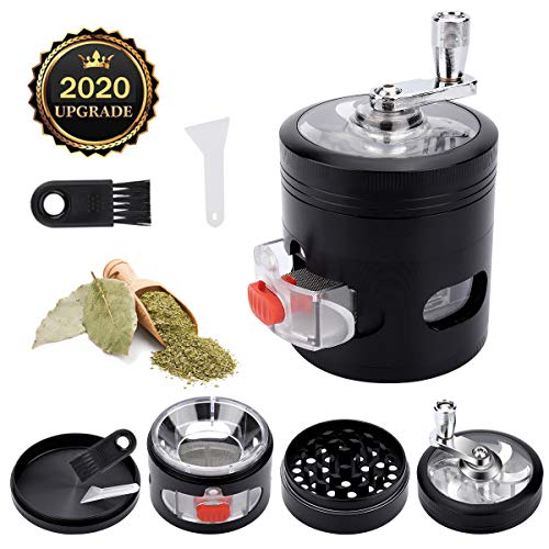 Herb Grinder, Yokilly 4-Piece Black Spice Grinder with Pollen Catcher, Zinc Alloy Manual Grinder with Handle, Clear Top Grinder with Drawer, 2.5 Inches Grinder Hand Cranked