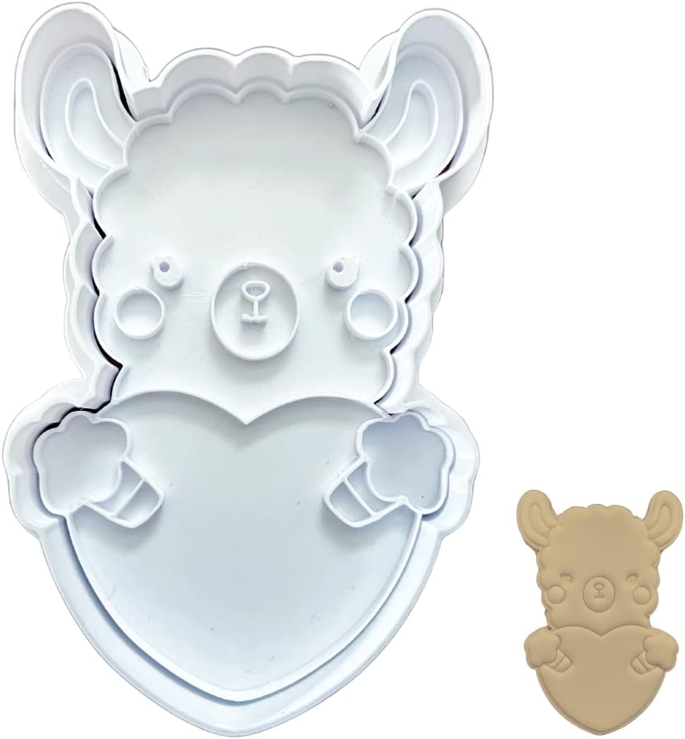 Llama Cookie Cutter with Heart Stamp – 4 x 2.63 Inch Llama Holding Heart Cookie Cutter – Plastic Baking Cutter for Valentine Cookies, Fondant, Biscuit Dough, Sugarcraft & Clay
