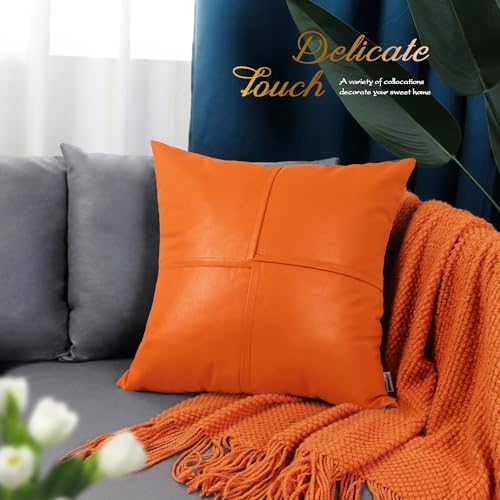 Image of BRAWARM Faux Leather Throw Pillow Covers 16 X 16 Inches, Orange Leather Pillow Covers Pack of 2, Hand Stitched Leather Decorative Throw Pillows for Couch Sofa Bed Living Room Home Garden