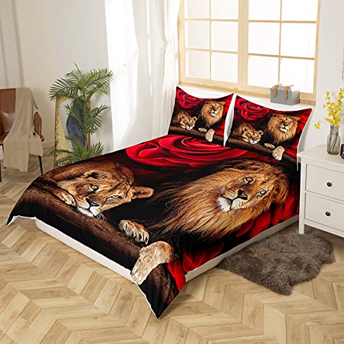 Erosebridal Lion Rose Duvet Cover Sets King Size, Animal Floral Print Comforter Cover Nature Theme Design Bedding Set For Kids Youth Adult, Modern Brown Lion Quilt Cover Decor Room #TOP1