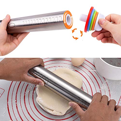 Rolling Pin Stainless Steel Non Stick Rings Rolling Pin, with 4 Bolts 16 Thickness Rings and Silicone Baking Mat, for Baking Dough, Pizza, Pie, Pastries, Pasta and Cookies
