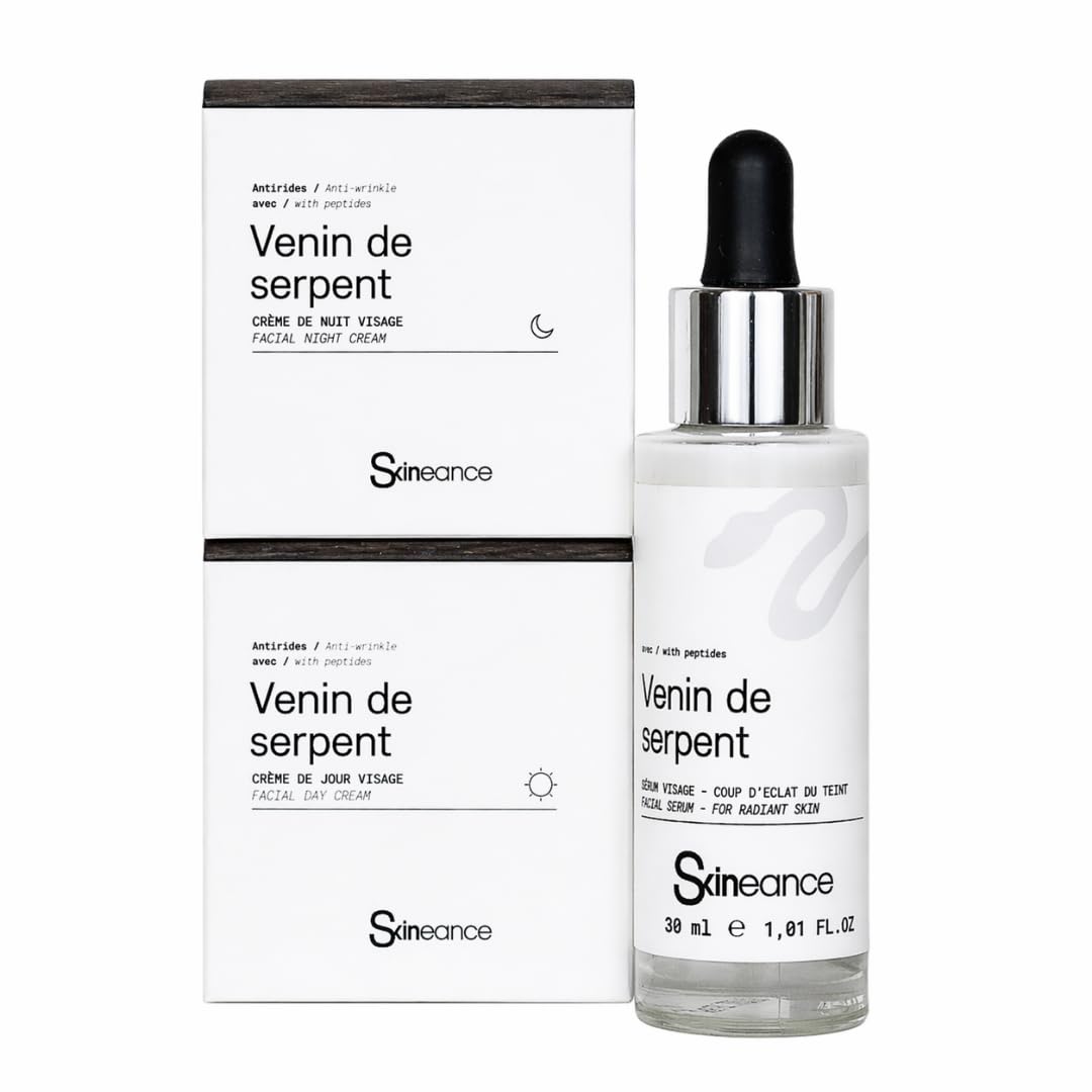 SKINEANCE - TRIO Syn-ake ULTRA - Activos anti-edad avanzados - Crema de día 50 ml - Crema de noche 50 ml - Serum facial 30 ml - Reduce arrugas de expresión, líneas finas, bolsas y ojeras