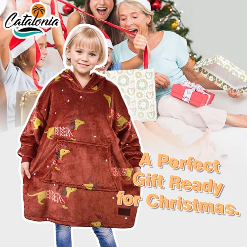 Catalonia Classy Übergroße Fleece Hoodie Decke, Weiche und Warme Decken Hoodie Kinder, Tragbare Decke with Großer Fronttasche für Teenager, Mädchen und Jungen, Weihnachtsgeschenke, Wein Dachshund