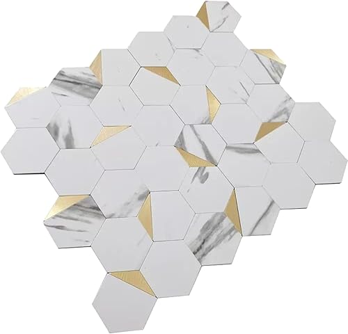 Miniatura 8 de Azulejo de pared para salpicaduras de pelar y pegar. 10 láminas autoadhesivas de mármol sintético hexagonal blanco y dorado de 11.6 x 11.5 pulgadas,