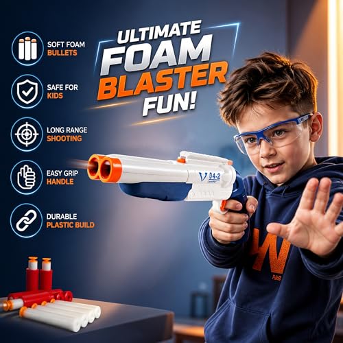 Image of NHR Double Barrel Soft Bullet Shotgun Toy for Kids, Long Range Foam Dart Blaster with 10 Soft Bullets & 6 Ejection Shells (4+ Years)