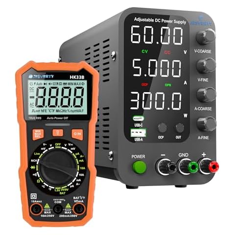 Jesverty DC Power Supply Variable 0-60V 0-5A Adjustable + 2000 Counts Multimeter Tester with DC AC Voltmeter and Ohm Volt Amp Meter, Tests Live Wire, Continuity, Temperature, Diode Measuring and NCV Cover