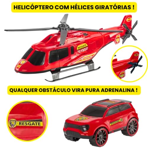 Kit Infantil Mini Cegonheiro 4 Pickups Helicóptero e Viatura Bombeiro