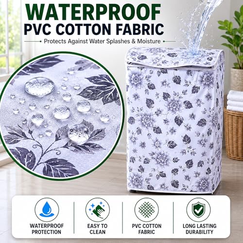 Image of DALUCI Top Load Fully Automatic Washing Machine Cover | Waterproof & Dustproof Polyester Fabric with Zipper | Protective Cover for Washing Machine (White & Grey, 59X59X86 CM)