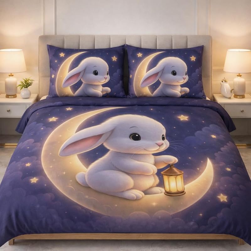 Image of DECOR WELL Premium 7D Digital Print Polycotton Double Bed Sheet with 2 Matching Pillow Covers - Soft, Wrinkle-Resistant & Vibrant Bedroom Decor - Moon Rabbit 2