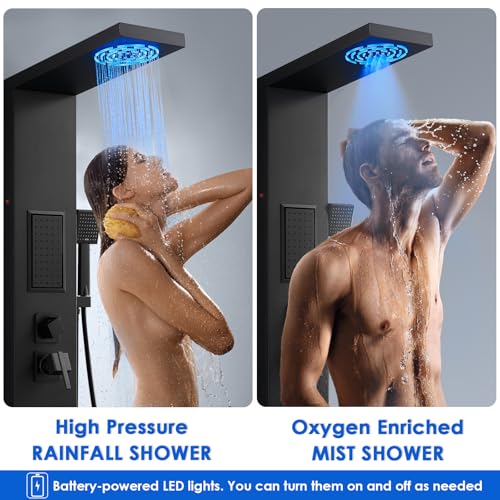 ROVOGO Led Shower Panel Tower System, Lighted Shower Head 2-Setting (Rainfall & Mist Mode), Large Body Jets, Handheld and Tub Spout, 50" Stainless Steel Shower Column with Mixer Valve, Black - Thumbnail 3