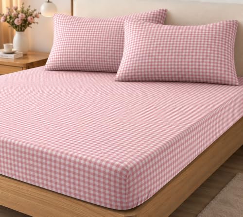 Image of Cotton Feel Glace Cotton Queen Size Elastic Fitted Bedsheet with 2 Pillow Covers (78 x 60 Inches, Pink Checks)
