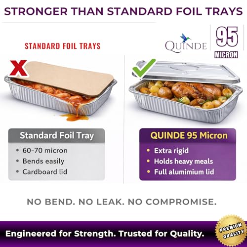 Quinde Large Foil Trays With Lids Pack Of 10 – Heavy Duty Aluminium Foil Trays 3500 Ml (32×26 Cm Equivalent 9×13 Inch), Premium Full Aluminium Lids For Leak-Proof Catering, Roasting, Bbq And Turkey - 2
