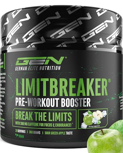 LIMITBREAKER Pre Workout Booster mit Koffein 300 mg - Saurer Grüner Apfel Geschmack - mit L Citrullin AAKG Beta Alanin & L Theanin - hochdosiert - 360 g Pulver 20 Portionen - vegan