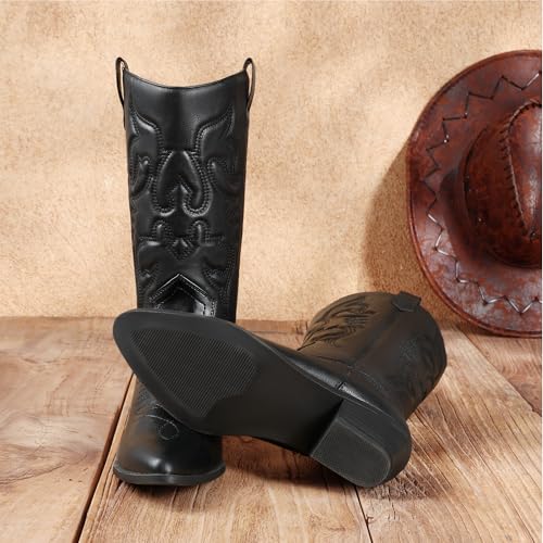 DREAM PAIRS Women's Cowboy Boots Pull On Cowgirl Boots Mid Calf Western Boots, Available in Regular and Wide Calf,Size 7.5,Black,SDMB2218W