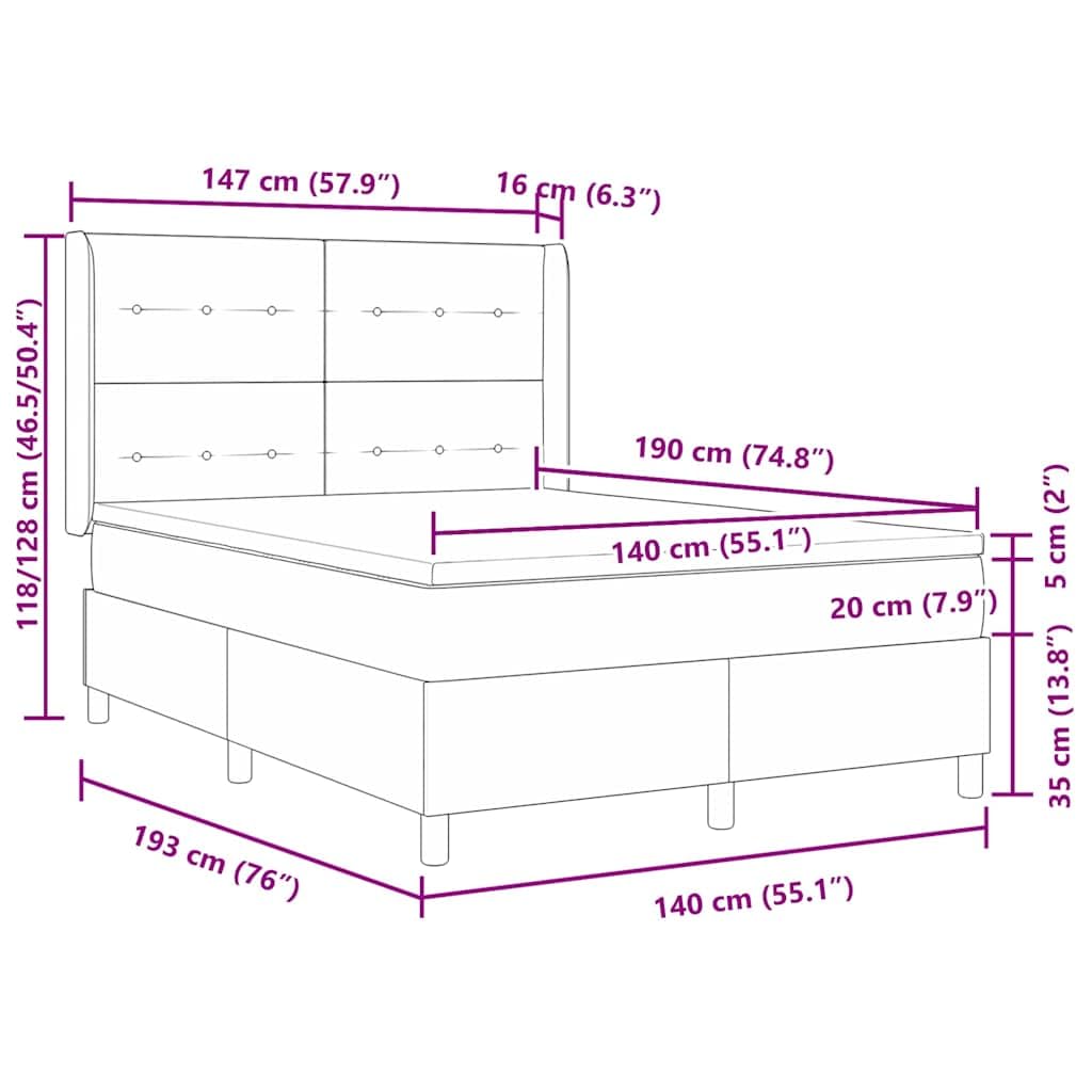 vidaXL Łóżko sprężynowe z paskami LED Ciemnoszary 140 x 190 cm tkanina