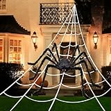 PUHPIG 200" Halloween Spider Web + 59" Giant Spider Decorations, Triangular Huge Spiders Web and Hairy Scary Fake Spider, for Indoor Outdoor Porch Yard, Scary Haunted House Party, and Halloween Décor