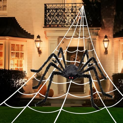 PUHPIG 200' Halloween Spider Web + 59' Giant Spider Decorations,...