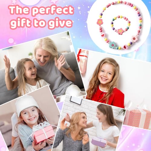 KSJEHW 2 Stück Schmuck für Mädchen, Armbänder für Mädchen, Schmuck-Set für Kinder aus Holz, bunte Halskette und Armband, Geschenk für Geburtstag, Party und Kostümzubehör (Blume 2)