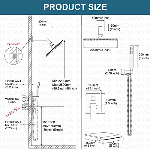 Midanya Rain Shower System Oil Rubbed Bronze Tub Shower Faucet Set 8 Inch Square Rainfall Shower Head With Handheld Sprayer And Waterfall Tub Spout Rough-In Valve Shower Mixer Combo #TOP5
