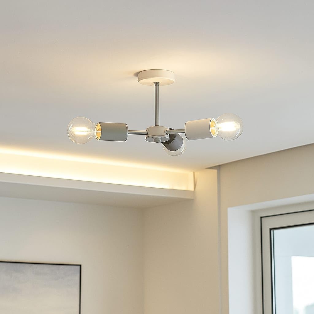 Sales Today Interiror 3 Arm White with Satin Silver Flush Ceiling Light Vevo Monochrome Ceiling Light Fixture for Kitchen Hallway Dining Rooms Living Rooms