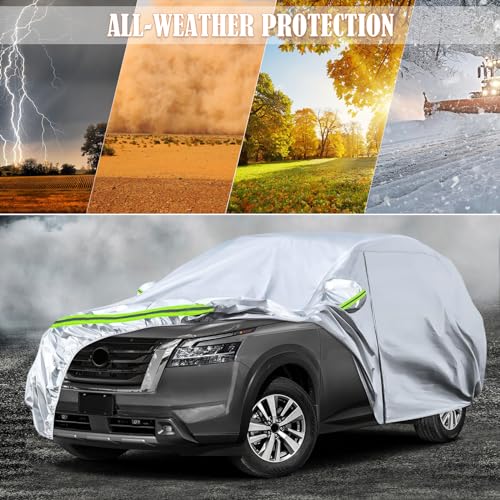 Image of Waterproof Car Covers Replace for 2012-2025 Nissan Pathfinder, 6 Layers Silver All Weather Custom-fit Car Cover with Zipper Door & Windproof Bands for Snow Rain Dust Hail Protection