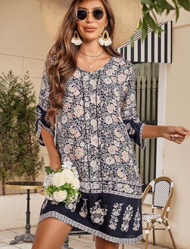 HOTOUCH Floral Dress 2025 Swimsuit Cover Up for Women Beach Cover Dress Bikini Beachwear Bathing Suit Black L2