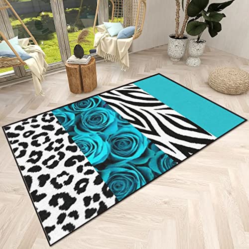 Modern Leopard Print Turquoise Rose Area Rug Teal Flower Hallway Runner Carpets Wild African Animal Pattern Non-Slip Floor Mat For Living Room Bedroom Dining Room Studio Women Room Decor #TOP1