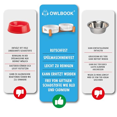 OWLBOOK Schlabbernapf Mampfschüssel Futternapf personalisiert Hundenapf mit Namen oder Wunschtext Doppelnapf aus Keramik mit Bambus Gestell Futternapf Napf Wassernapf Keramik, Bambus 300 ml