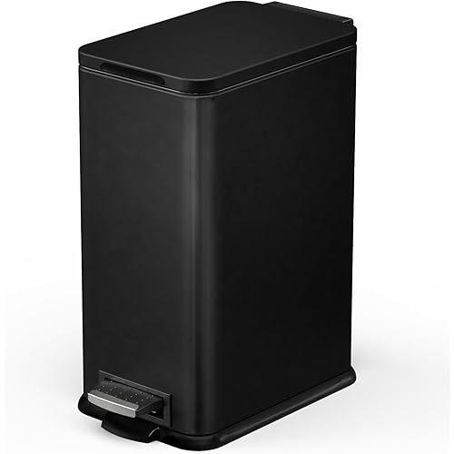 Home Zone Living 4 Gallon Slim Kitchen Trash Can with Soft Close Lid and Step Pedal, Matte Black Stainless Steel Wastebasket with Removable Bucket