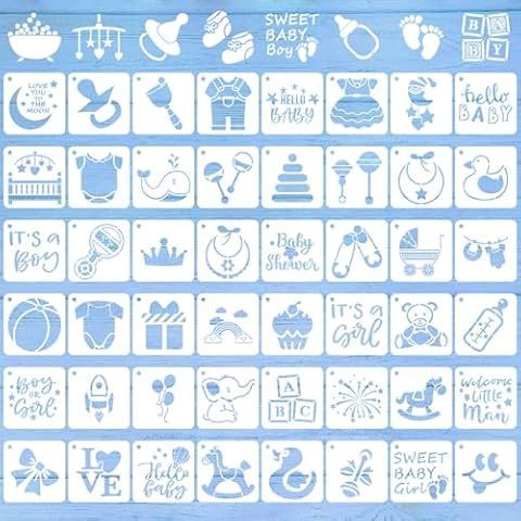 Augshy 56 Pieces Baby Shower Stencils for Painting, 3 Inch Cute Onesie Stencil Mixed Animals Pattern Painting Stencils, Reusable Baby Shower Cake Painting Stencils for Bodysuit Shoes Bibs Clothes Cover