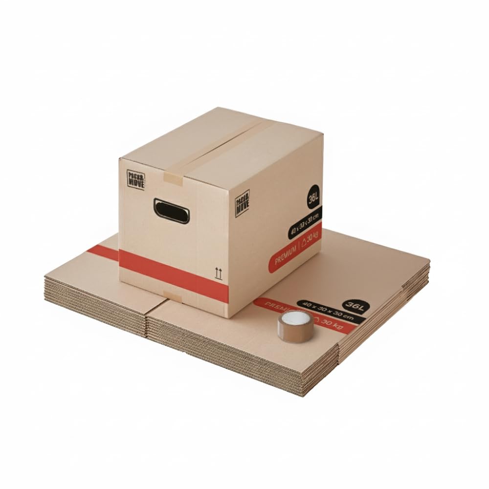 Pack and Move - Zestaw 10 kartonów przeprowadzkowych premium - 40 x 30 x 30 cm - ekstremalna wytrzymałość 30 kg - wielokrotnego użytku - podwójna grubość - wzmocnione uchwyty - 1 klej w prezencie