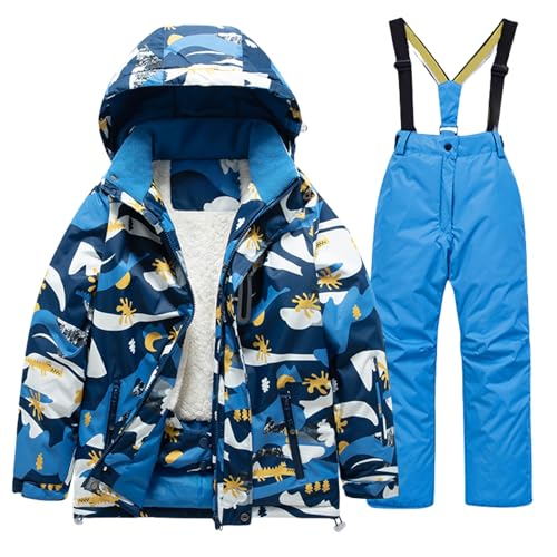 Boys 2-Piece Snow Pants Jacket Snowsuit Girl's Winter Skisuit Hooded Snowsuit Toddler Ski Jacket Snow Bib Pant